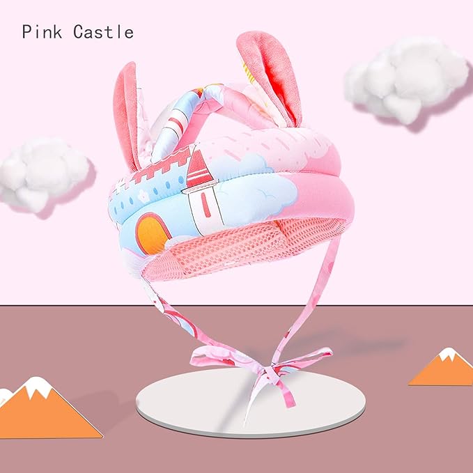 Cute Baby Safety Anti-Bump Walking Helmet, Infant Toddler Anti-Collision Head Cushion Soft Breathable, Kids Anti-Fall Protective Harnesses Cap for Crawling, Walking and Playing (Pink Castle)
