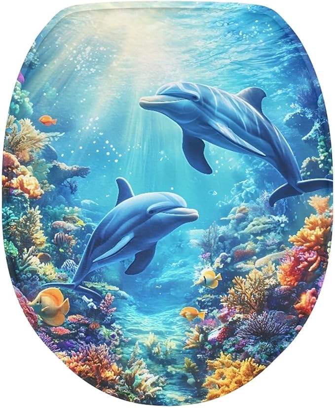 Toilet Seat Covers for Bathroom Dolphin Toilet Lid Covers Soft Flannel Fabric Breathable Toilet Lid Cover Elongated Toilet Seat Covers Decoration Blue