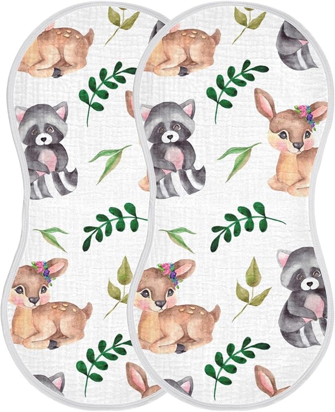 Raccoons Deer Forest Flower Leaf Muslin Burp Cloths for Baby 2 Pack 100% Cotton Baby Washcloths Bibs for Boy Girl