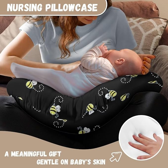 Forchrinse Bee Nursing Pillow Cover for Girls Black Nursing Pillow Slipcover for Breastfeeding Moms