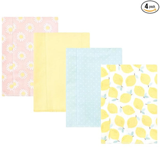 Hudson Baby Unisex Baby Cotton Flannel Burp Cloths, Lemon Daisy 4 Pack, One Size