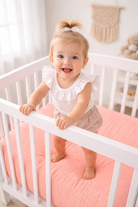 2 Pack Blush Muslin Crib Sheets for Boys & Girl- Neutral Breathable Cotton Crib Mattress Sheets Fitted for Standard 28"x 52"- Nursery Décor No Slip Crib Bed Sheets