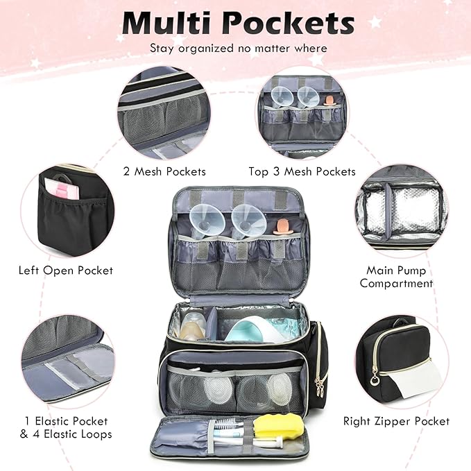 Breast Pump Bag Fit for Spectra S1 and S2 - Pumping Bag with Ice Pack & Waterproof Mat, Portable Breast Pump Storage Bag for Work, Travel and Family Use, Black