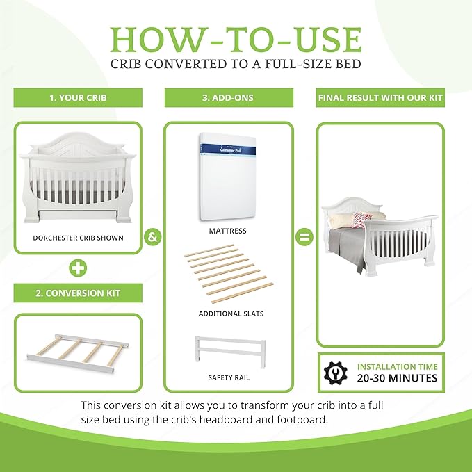 Full-Size Conversion Kit Bed Rails for Baby Appleseed and Eco-Chic Convertible Cribs - Solid Wood Rail - Toddler and Adult Bed Rail for Full-Size Beds - Nursery and Baby Furniture (White, Hook-On Kit)