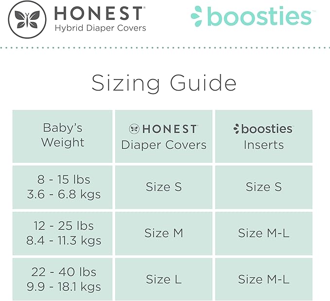 Super Boosties 90ct + Honest Hybrid Cloth Diaper Cover with Pocket-Sling, Medium (12-25 lbs), Stops Nighttime Leaks, Boosties Disposable Diaper Inserts, Honest Cotton Muslin Covers, 3 Pack