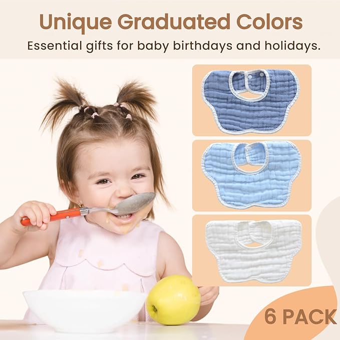 MUKIN Soft Cotton Muslin Baby Bibs 6 Pack | Adjustable Snap Closure for Newborns| Absorbent for Drooling, Teething & Feeding