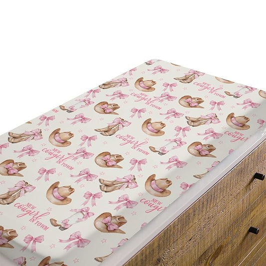 Baby Girls Changing Pad Covers Western New Cowgirl in Town, Pink Bow Ribbon Boot Hat Safe Snug Fitted Diaper Table Sheet, Soft Breathable Stretchy Change Mat Shower Gift Fit 32 34 x 16
