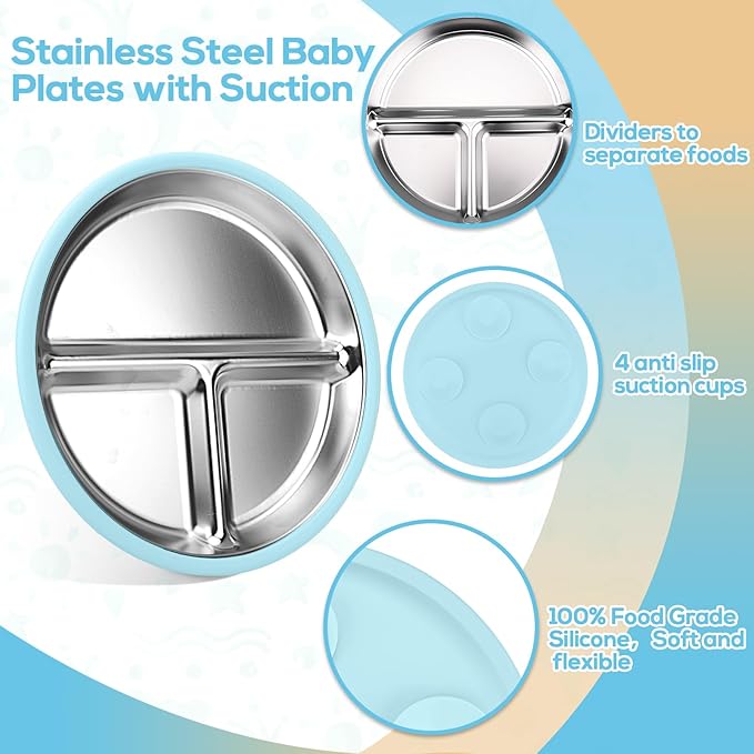 Mity rain Stainless Steel & Silicone Toddler Plates and Bowls Set with Suction,5-Piece Suction Plates & Bowls for Toddler,Removable Shell,Silicones Baby Plates for Independent Eating(Light Blue) ﻿