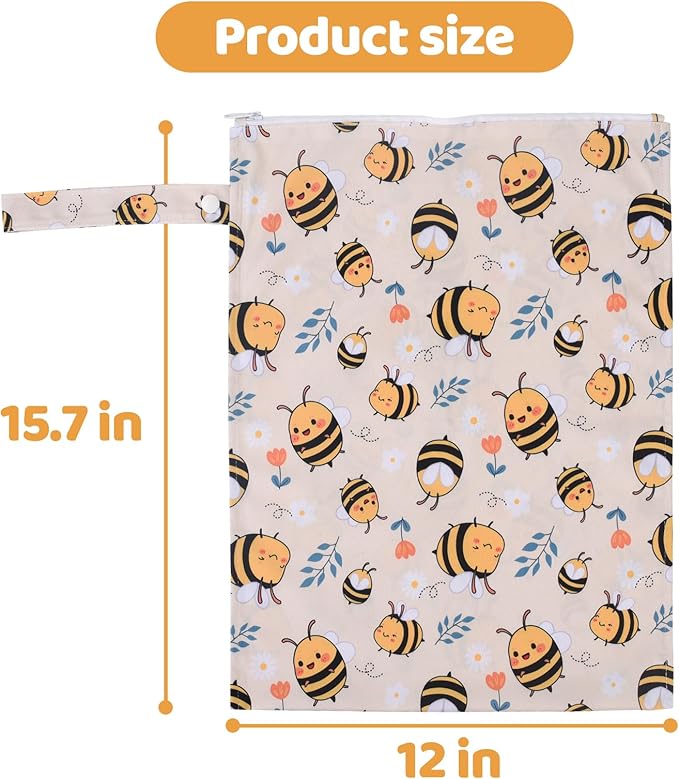 2pcs Baby Diaper Mess-proof Wet Bags,Waterproof Reusable Travel Storage Stroller Daycare Soiled Items Beach Pool Yoga Gym Bag for Wet Toddler Swimsuits -Bee,Elephant