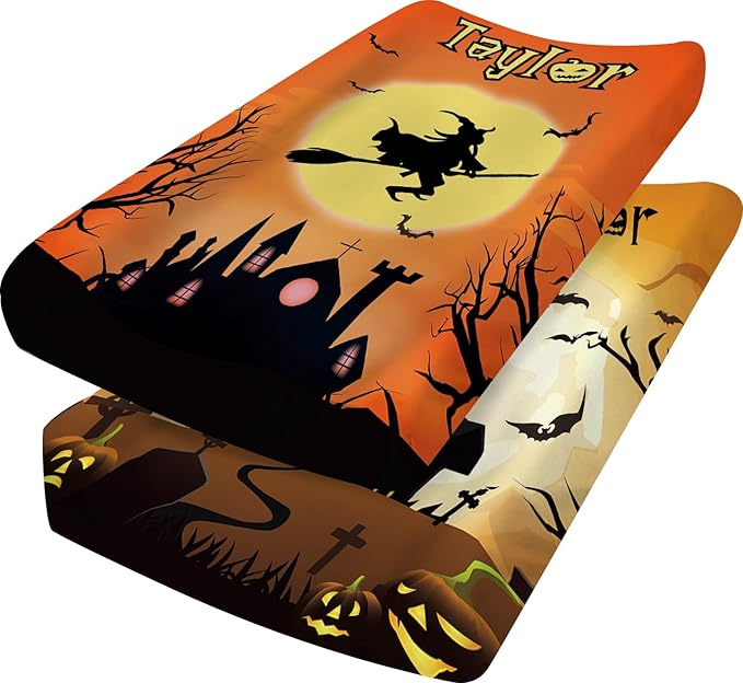 KAINSY Personalized Halloween Changing Pad Cover, Custom Diaper Change Table Sheets with Name, Witch Print Soft Jersey Knit Change Table Sheets for Toddler, 2 Pack Changing Pad Covers (16" x 32")