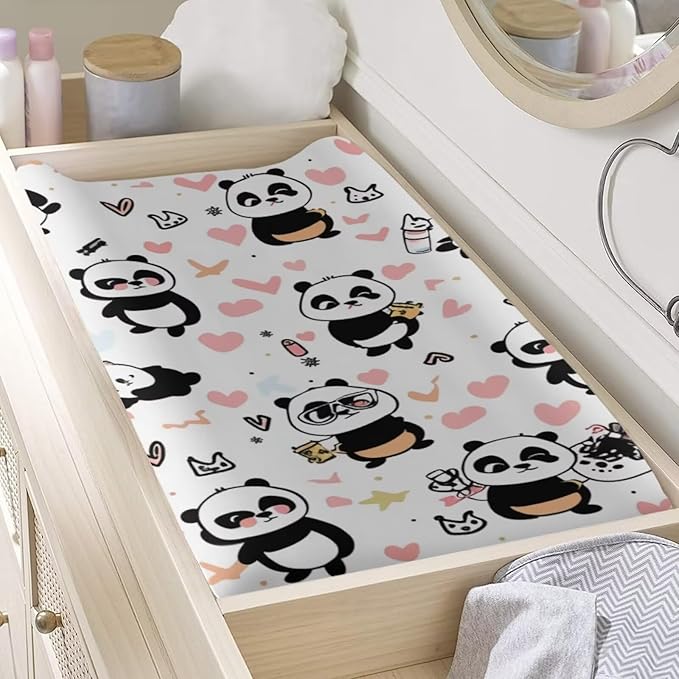 Changing Pad Covers for Boys Girls, Heart Panda Diaper Changing Table Pad Cover Soft Breathable Changing Mat Cover for 32''x16" Cute Birthday Gifts for Baby