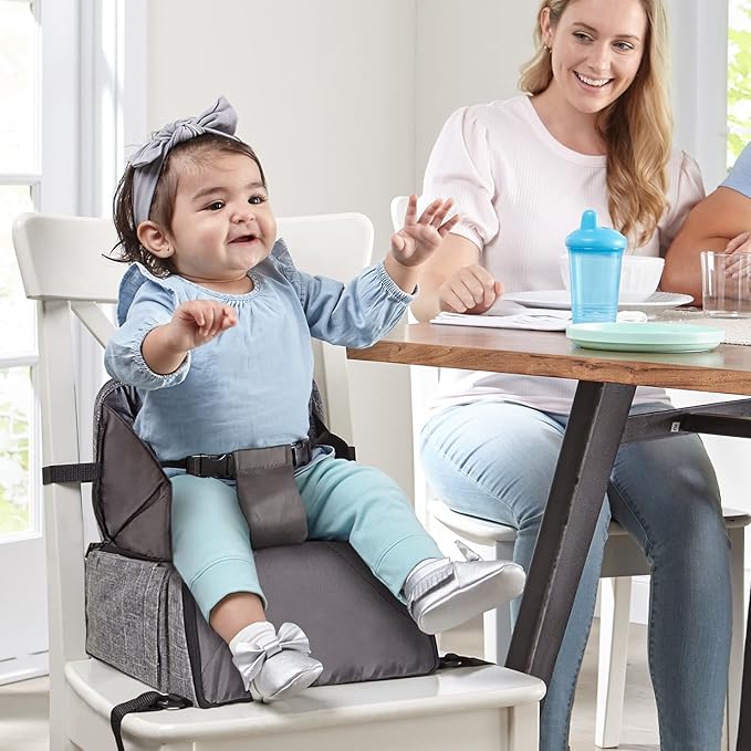 Contours Explore 2 in 1 Portable Booster Seat & Backpack Diaper Bag, Foldable Infant Chair for Restaurants or Dining Table, Toddler Travel Essential with Storage, Baby Registry Must Haves - Gray