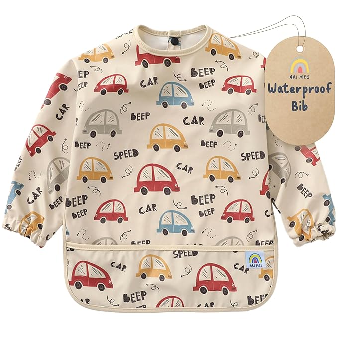 ARI MES Waterproof Long Sleeve Baby Bib for Eating-Cars Pattern, Small-Toddler Smock with Catch-All Pocket, BPA Free, Machine Washable, Wearable Feeding Bib for Boys & Girls 6-72 Months