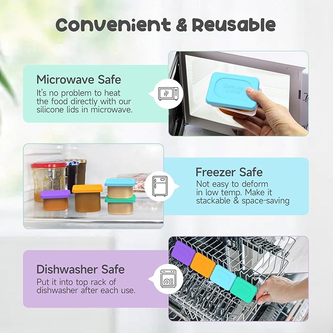 Morlike Baby Food Lids Compatible with Gerber Food Containers, Silicone Container Lid for Baby Food Storage, Reusable and Dishwasher Safe, BPA Free - Lids Only (4 Pack, 4 Color)