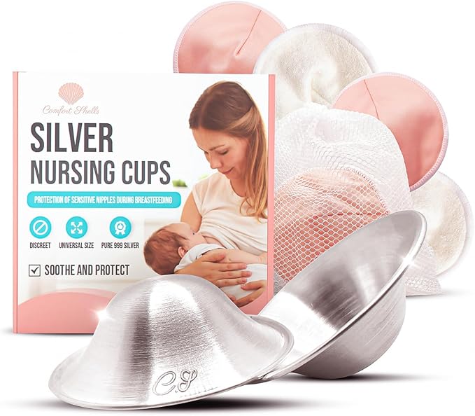 Comfort Shells® 999 Silver Nursing Cups & Washable Breast Pads | Silver Nipple Shields for Breast Feeding Moms | Soothe, Heal & Protect Sore or Cracked Nipples