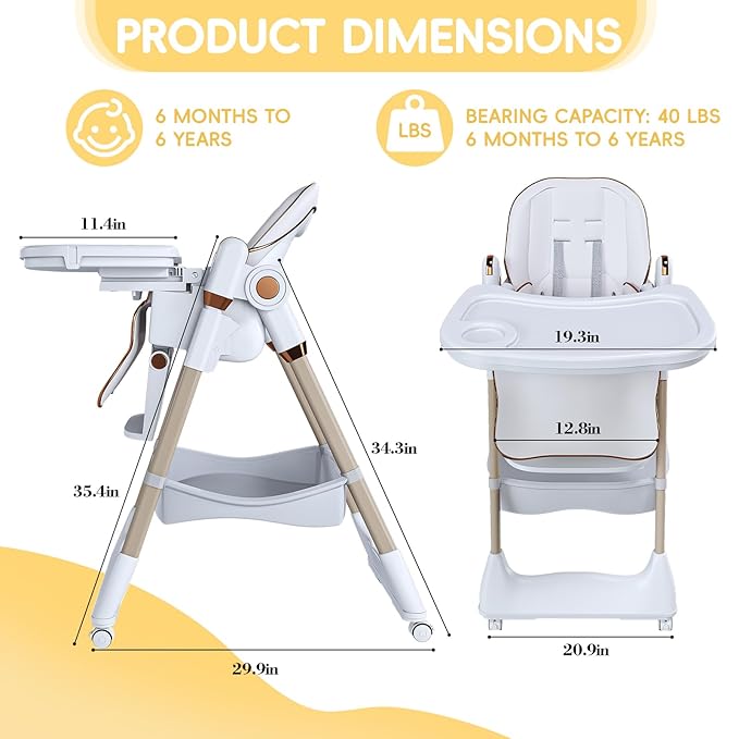 Foldable Baby High Chair with 150° Swing & Recline,Convertible High Chairs for Babies and Toddlers,5 Height Levels,3 Backrest & Footrest Positions,Removable Double Tray,Lockable Wheels (White 1)