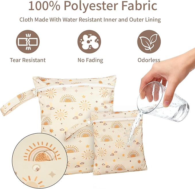 2 Pcs Wet Bags Waterproof Reusable Zippered Pocket Cloth Diaper Wet Dry Bags for Travel Beach Pool Swim, Baby Diapers,Gym Yoga Wet Clothes,Swimsuit,water wipes (Moon Star)