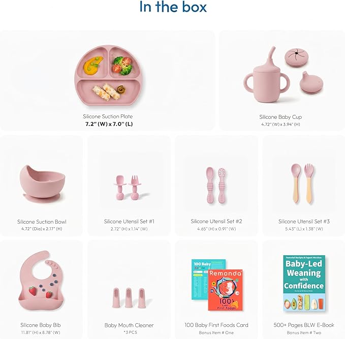 Remonda 17-Piece BPA-Free Baby Silicone Feeding Set | Extra Large Suction Plates, Toddler Bowls, Self Feeding Spoons, and More | Dishwasher Safe| Infant Led Weaning Supplies（Pink）A