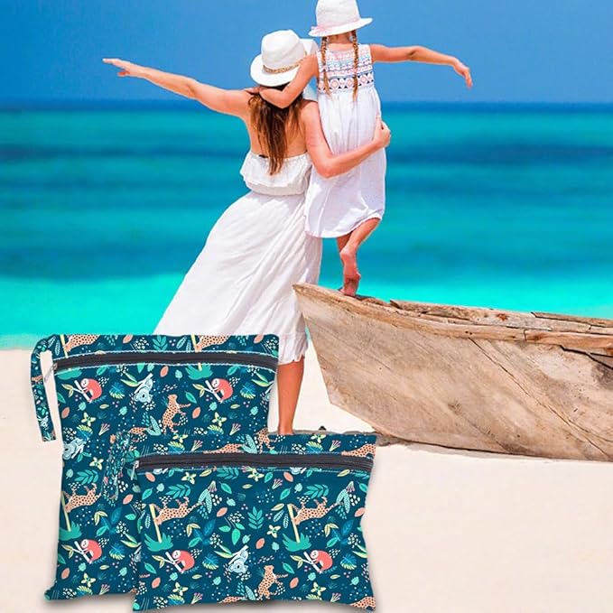 2Pcs 2 Sizes Animal Print Wet Dry Bag Beach Wet Bags Forest Pattern Polyester Waterproof Sandproof Reusable Storage Zipper Pouches for Friends Swimsuit Travel Dirty Diaper Clothes Gifts