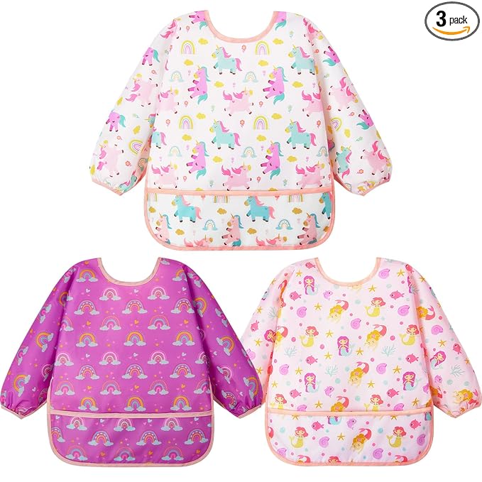 Lictin 3 Pack Baby Bibs for Boy or Girl, Cute Long Sleeve Bib, Waterproof Bibs for Toddlers,Adjustable Closure Baby Smock, Mess Proof Baby Bib, 6-24 Months Reusable Infant Baby Bibs