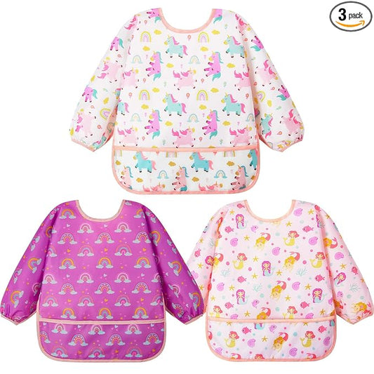 Lictin 3 Pack Baby Bibs for Boy or Girl, Cute Long Sleeve Bib, Waterproof Bibs for Toddlers,Adjustable Closure Baby Smock, Mess Proof Baby Bib, 6-24 Months Reusable Infant Baby Bibs