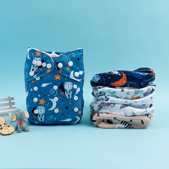 babygoal Reusable Cloth Diapers 6 Pack+6pcs Rayon from Bamboo Inserts+Wet Bag, One Size Adjustable Washable Pocket Nappy Covers for Baby Boys and Girls