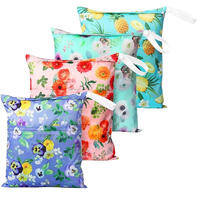 Frienda 4 Pieces Cloth Diaper Wet Dry Bag, Waterproof Reusable Washable Bag for Baby Items and Travel Zippered Pockets with Handle, Beach, Swimsuit, Dirty Gym Clothes and Toiletries(Plant)