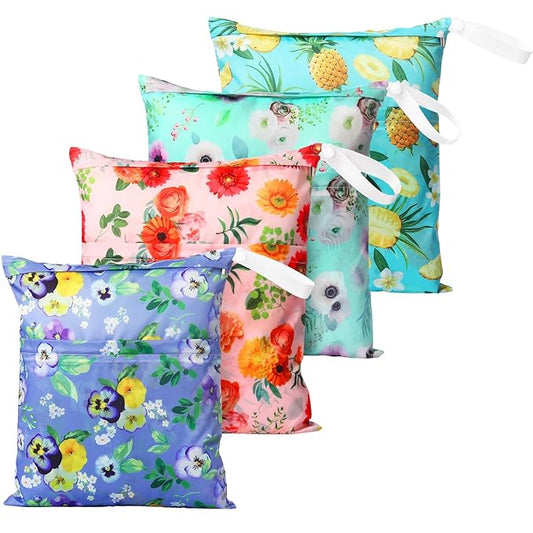 Frienda 4 Pieces Cloth Diaper Wet Dry Bag, Waterproof Reusable Washable Bag for Baby Items and Travel Zippered Pockets with Handle, Beach, Swimsuit, Dirty Gym Clothes and Toiletries(Plant)