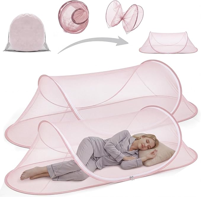 2 Pcs Large Pop up Mosquito Tent Portable Foldable Mosquito Bug Net for Bed Camping Travel Patio Outdoor 78 * 31 * 22 Inch Bug Netting Mesh Tent Canopy for Adults Bedroom, Pink