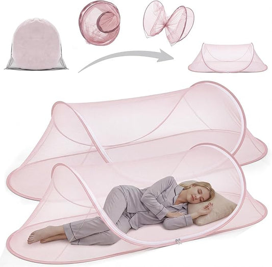 2 Pcs Large Pop up Mosquito Tent Portable Foldable Mosquito Bug Net for Bed Camping Travel Patio Outdoor 78 * 31 * 22 Inch Bug Netting Mesh Tent Canopy for Adults Bedroom, Pink