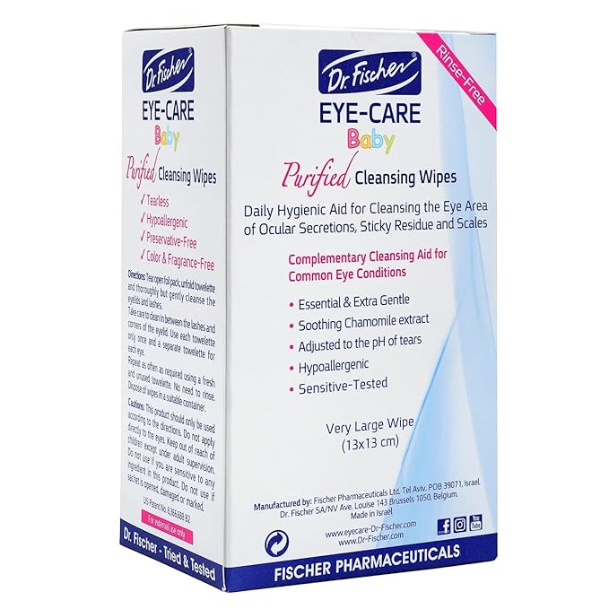 Dr. Fischer Premium Baby Eyelid Wipes, 60 Count, Pre-moistened, Hypoallergenic, Non-Irritating, Rinse Free, Pediatrician Recommended