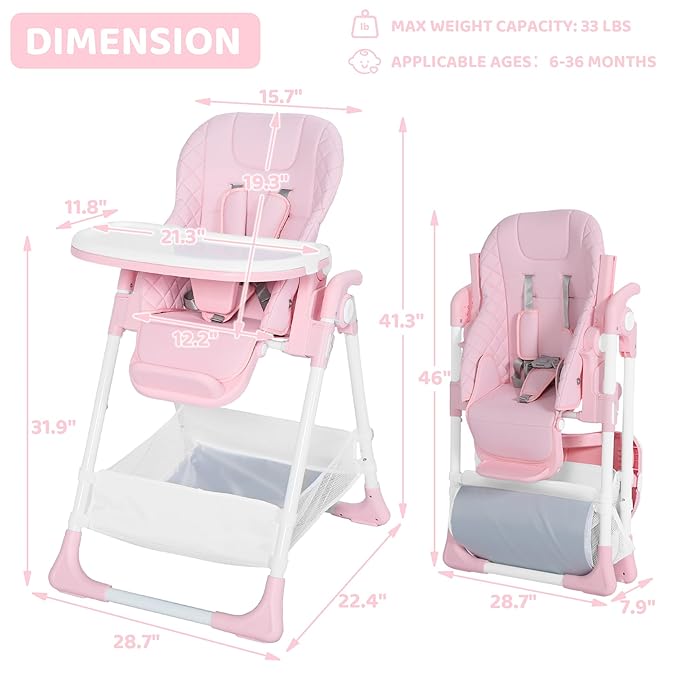 TODEFULL 3 in 1 Foldable Baby High Chair, Infant High Chairs for Babies and Toddlers, 6 Height & 4 Recline Adjustable Toddler Feeding Chair, 2 Built-in Wheels, Large Storage Space, Pink