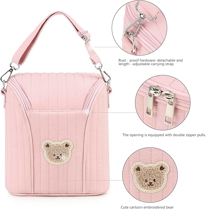 Lmbabter Embroidered Bear Stroller Organizer Tote Bag, Bottle Insulation Pouch, Portable Cooler Storage Essential for Milk/Breast Pump,Baby Travel Supplies (Pink)