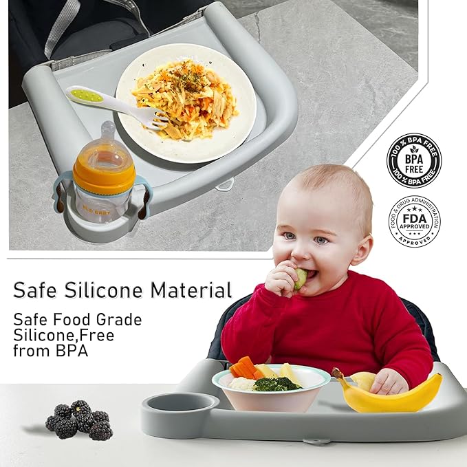 Baby Dining Tray Compatible with Inglesina Fast Table Chair Silicone Baby Feeding Tray for Clip-On Fast Table Chair Dishwasher Safe BPA Free Silicone Removable Dining Tray Accessory -Gray