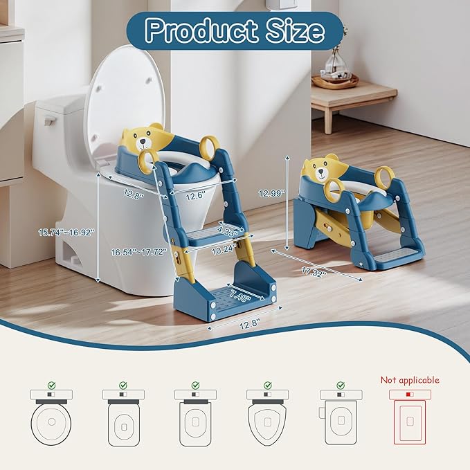 Potty Training Seat,Toddler Toilet Seat for Boys Girls,3-in-1 Potty Training Toilet and Chair with Step Stool Ladder,Anti-Slip Height Adjustable Foldable Splash Guard for Kids (Blue Yellow)