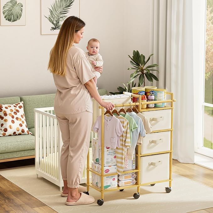Solid Bamboo Baby Diaper Caddy Cart, Diaper Cart Organizer with Wheels, Mobile Multi-Functional Small Baby Care Station, Store All baby Supplies，for Nursery, Changing Table and Crib