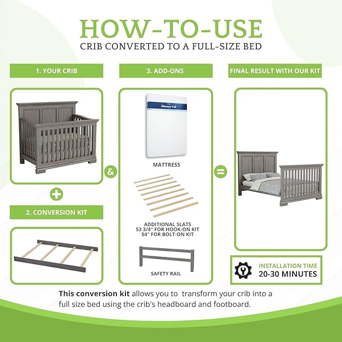 Full-Size Conversion Kit Bed Rails for Oxford, Soho, Ozlo & Avalon Baby Convertible Cribs - Solid Wood - Toddler & Adult Rail for Full-Size Bed - Nursery Furniture (Multi-Tone Grey, Hook-On Kit)