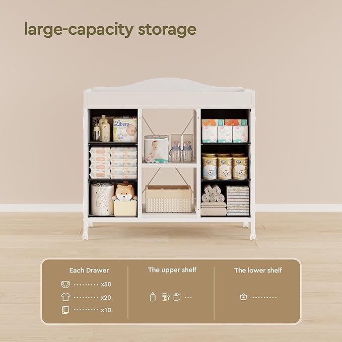 Yetom Changing Table, 6-Drawer Baby Dresser with Changing Table top, Waterproof Diaper Changing Station & Pad, 2 Height-Adjustable Open Storage Shelves, Mobile Nursery Organizer, White