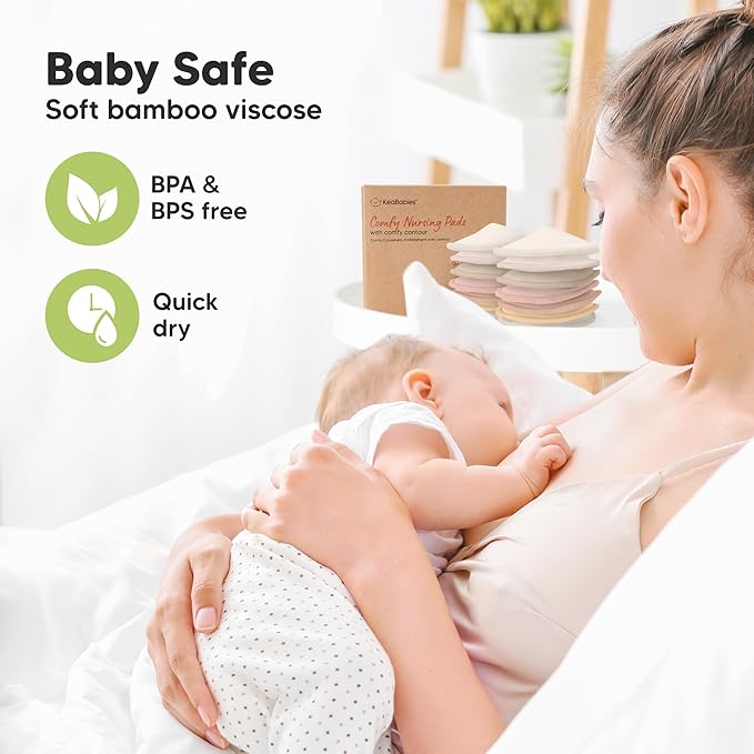 Organic Nursing Pads - 14 Washable Breast Pads for Breastfeeding, Wash Bag, Viscose Derived from Bamboo Reusable Nipple Covers for Breastfeeding Essentials, Soft & Absorbent (Neutrals, M 4.6")