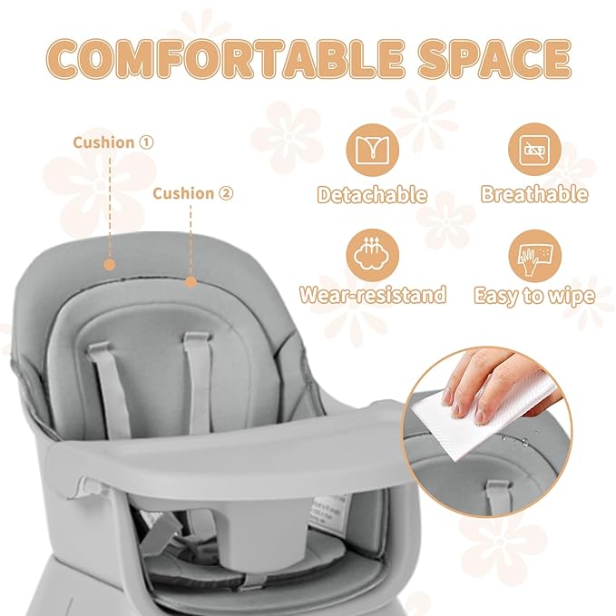 Kinder King Baby High Chair, 8 in 1 Coverts to Dining Booster Seat/Kids Table & Chair Set/Toddler Building Block Table/Kids Stool, Removable Tray & Double Seat Cover, Easy to Wipe, Grey