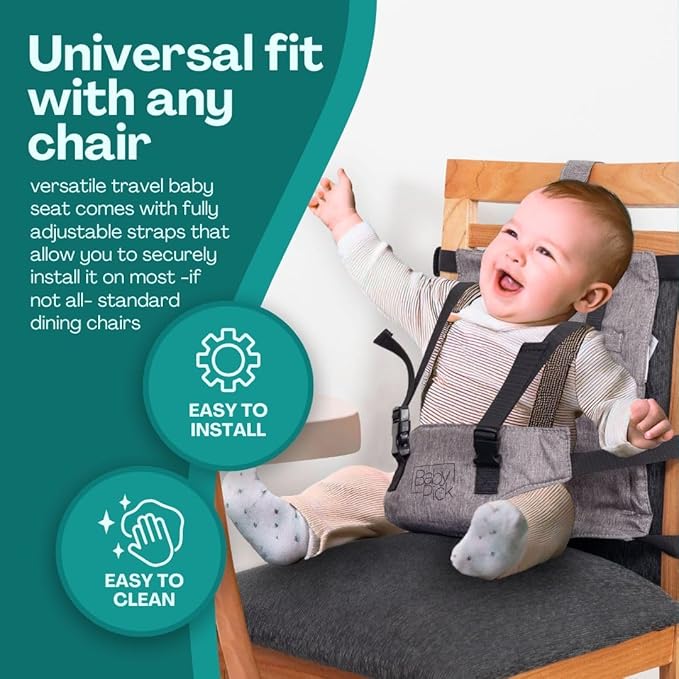 Portable High Chair for Travel by Baby Pick – Harness Seat, Foldable & Lightweight Gear, Adjustable Straps for Babies & Toddlers, Compact & Secure, Machine-Washable, Must-Have Baby Travel Essential