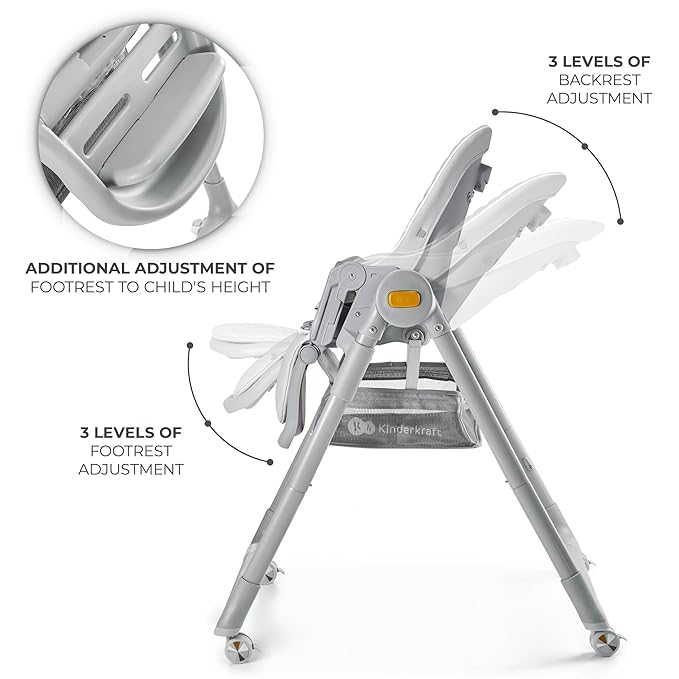 Kinderkraft LASTREE Foldable Baby High Chair for Babies and Toddlers with Reclining Function, Play Bar, Adjustable Tray and Footrest in Grey