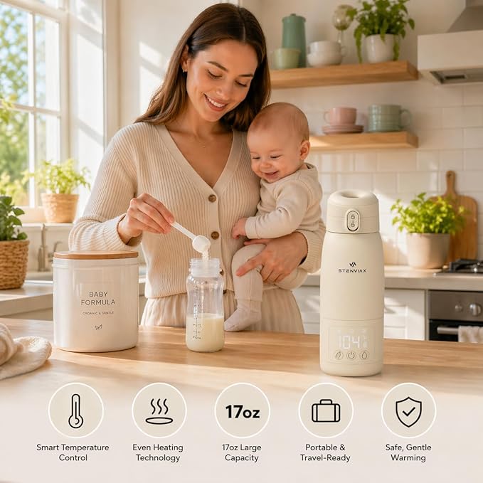 Portable Bottle Warmer for Travel & Night Feeding, Baby Milk Warmer with Built-in Sterilizer, 70 Sec Breast Milk Warming, 2 Min Formula Water Heating, 14,000mAh Battery, 15+ Feeds, 17 oz Capacity