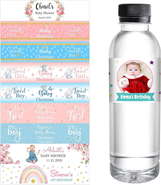 Personalized Water Bottle Labels for Baby Shower Custom Baby Shower Labels with Name for Water Bottle Stickers Waterproof Printable Photo Bottle Labels Gifts 50 Pcs