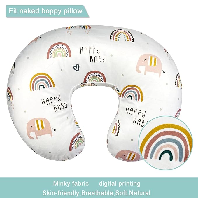 OWLOWLA Nursing Pillow Cover, Breastfeeding Pillow Slipcover Fits Nursing Pillow for Baby Boy Girl(Rainbow&Elephant)