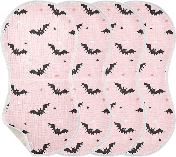 Muslin Burp Cloths for Baby Boys and Girls - 4-Pack Ultra Absorbent Halloween Bats Muslin Washcloths, Newborn Towel, Milk Spit Up Rags, Burp Cloth Bib for Unisex, 22 x 11 Inch