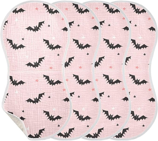 Muslin Burp Cloths for Baby Boys and Girls - 4-Pack Ultra Absorbent Halloween Bats Muslin Washcloths, Newborn Towel, Milk Spit Up Rags, Burp Cloth Bib for Unisex, 22 x 11 Inch