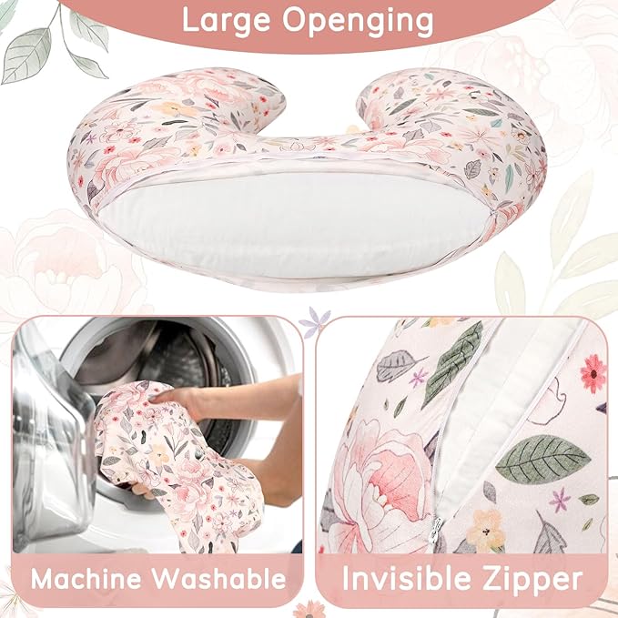 Baby Nursing Pillow Cover, Removeable Breastfeeding Pillow Slipcover, Nursing Pillow Case for Newborn Boys Girls, Soft Fabric Fits Snug On Infant, Washable & Breathable, Yellow Pink Flowers