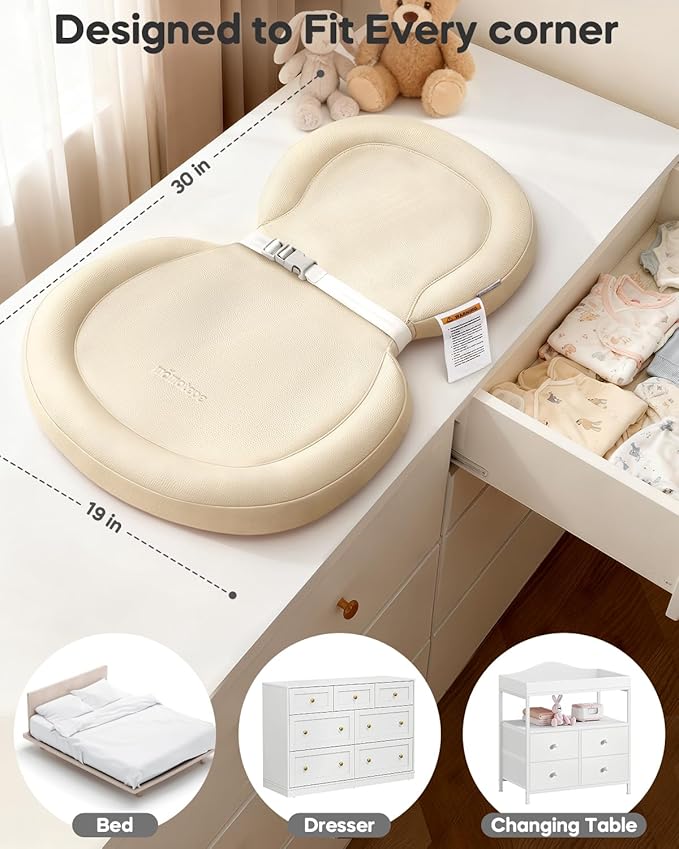 Mamatepe Peanut Baby Changing Pad, Foldable Travel On-the-Go with Non-Slip Base & Safety Belt, Wipeable PU Cushion for Dresser & Changing Table 30"x18", Yellow