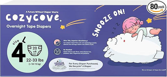 Cozycove Size 4 L (22-33 lbs) Diapers, 80 Count, Totally Chlorine Free, Skin-Friendly Material | Snooze On Slim Overnight Tape Disposable Diapers | 4 Bags of 20